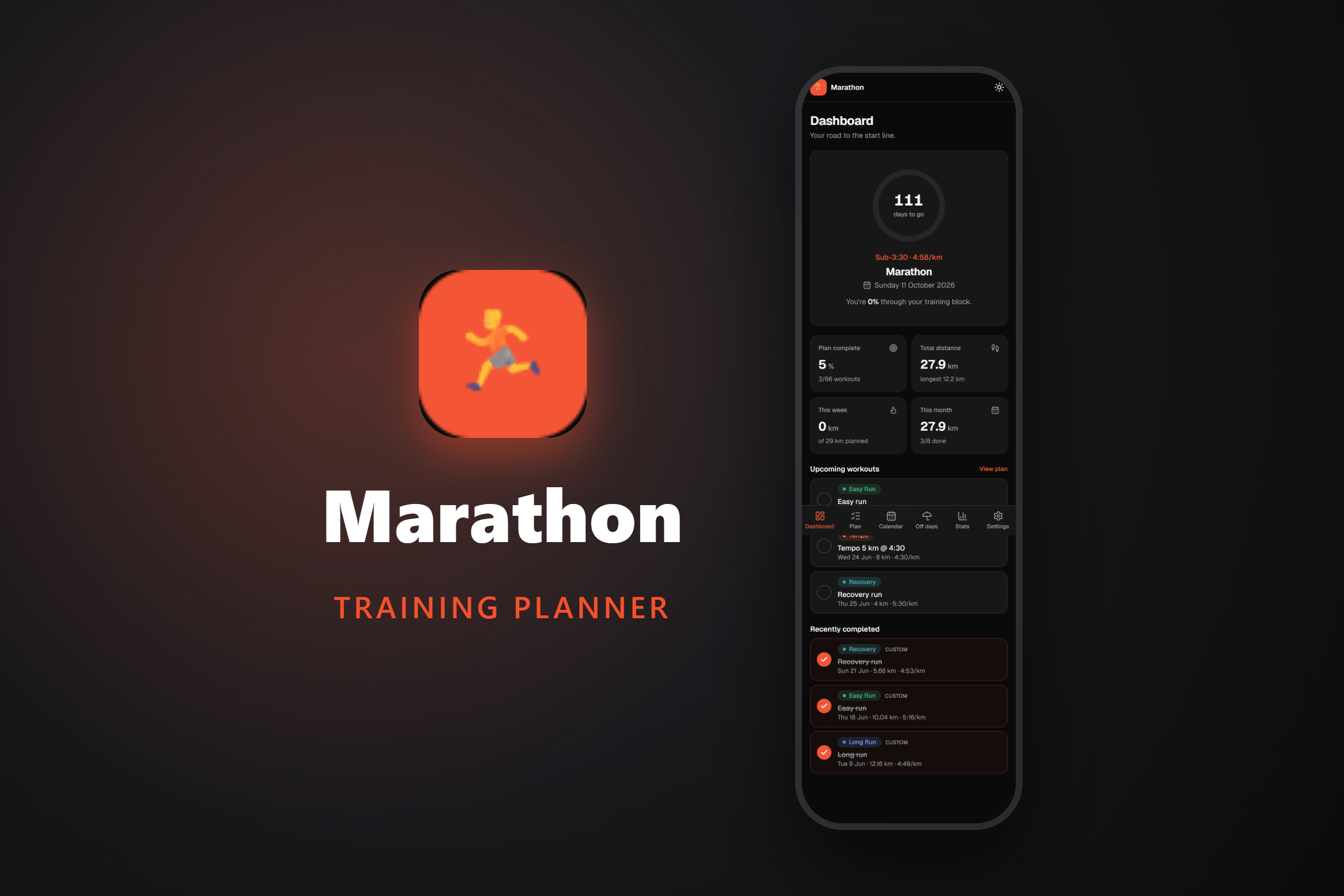 Marathon training planner dashboard with a countdown to race day