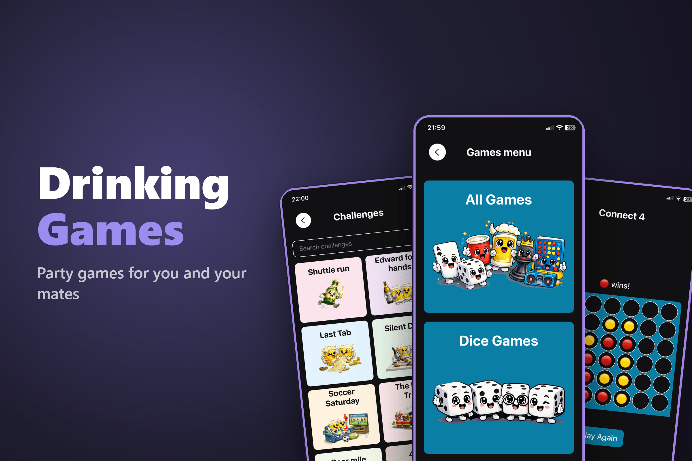 Drinking games app: games menu, challenges and digital games