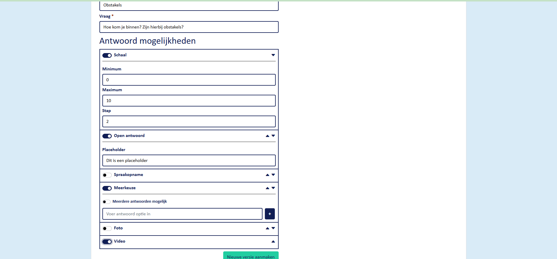 Question options in web portal