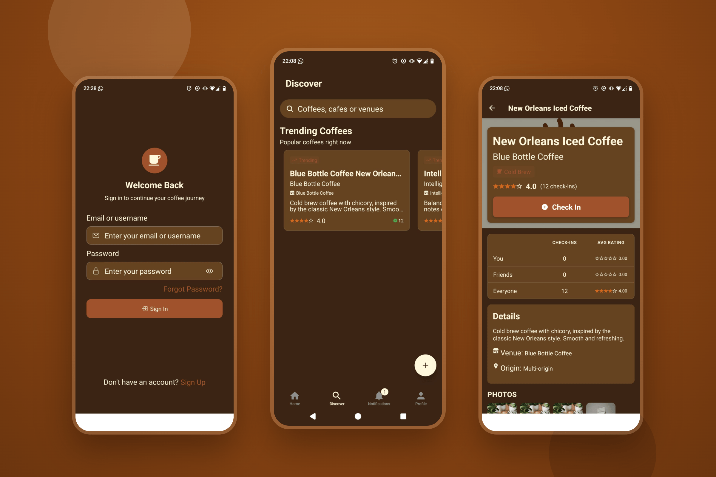 The welcome screen, discovering coffees and a coffee detail page with social stats