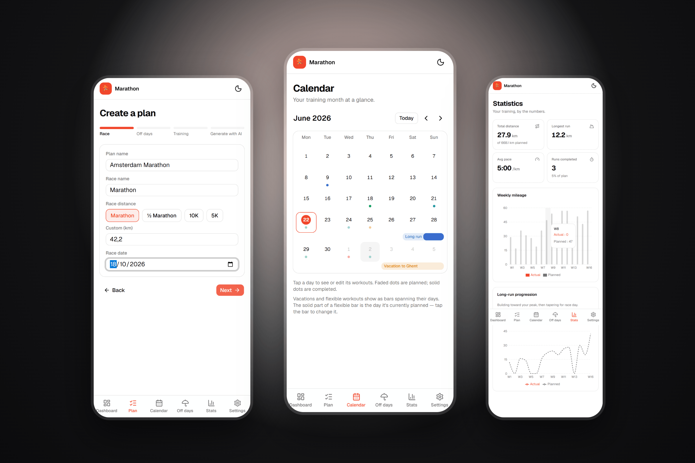 Building a plan, the training calendar and the statistics overview