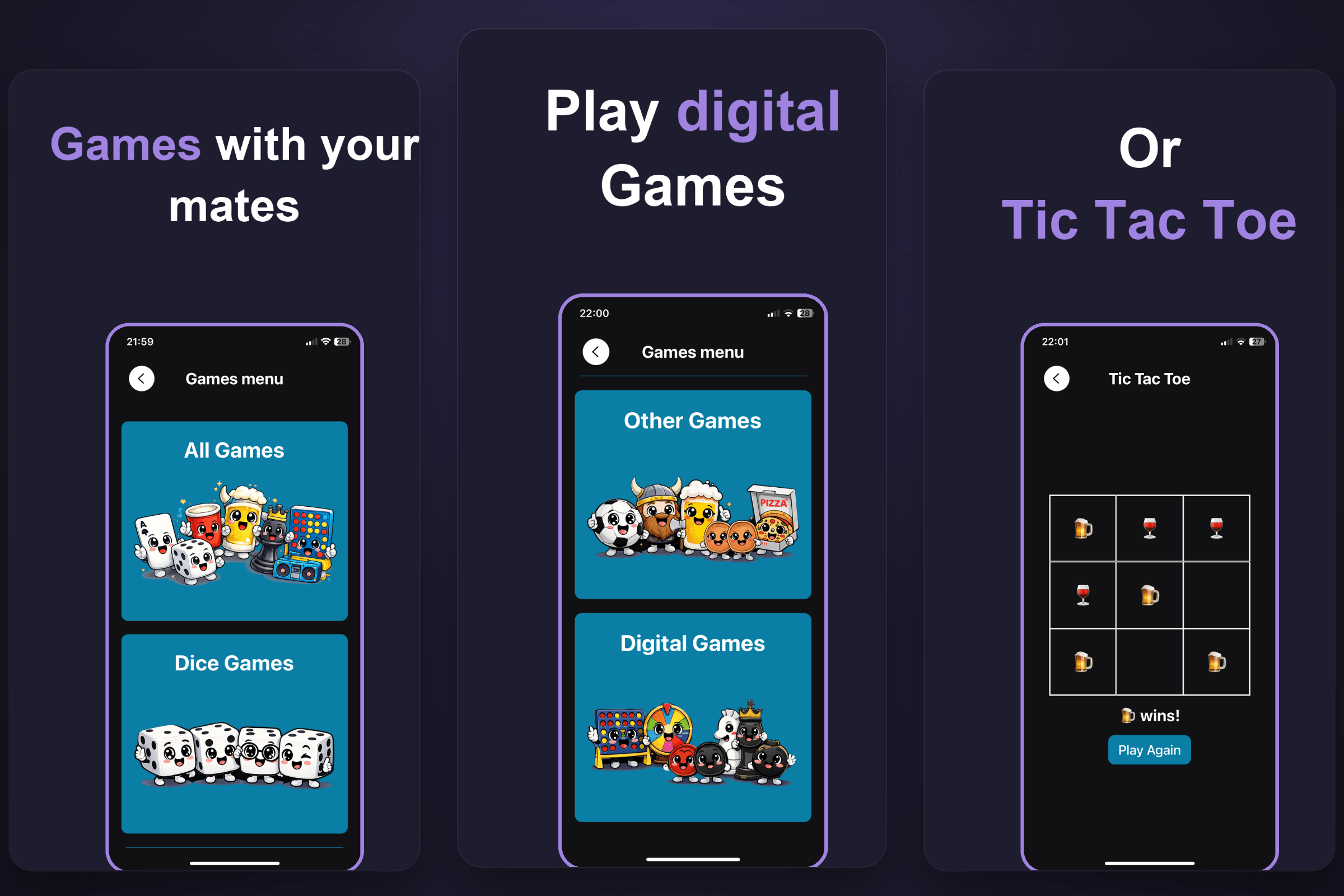 Store screenshots: games with your mates, digital games and Tic Tac Toe